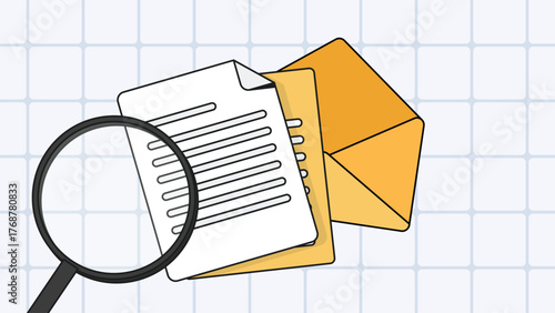 Document review with folder and magnifying glass