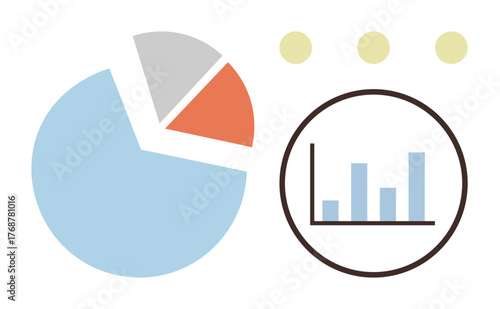 Pie chart with three segments and circular bar graph with vertical bars. Ideal for data analysis, statistics, reporting, business strategy, finance, research, and education. Simple flat metaphor