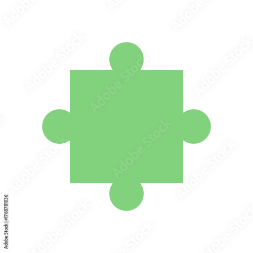 Flat silhouette of a green jigsaw puzzle piece. Isolated graphic of a tile for table games and entertainment. Simple element for toys, boardgames, or playful childhood activities.