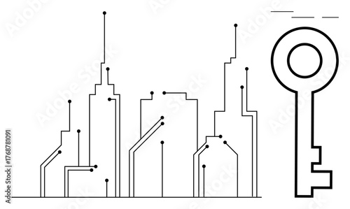 Abstract cityscape with circuit-thumbs up connections and a key representing technology, innovation, security, and access. Ideal for smart cities, cybersecurity, urban planning, technology, data