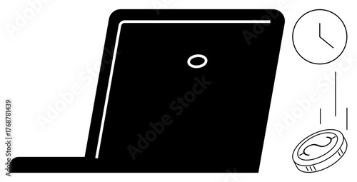 Black laptop, falling coin, and clock symbolizing online income, time management, digital work, business, finance, technology and efficiency. Ideal for productivity finance time-saving
