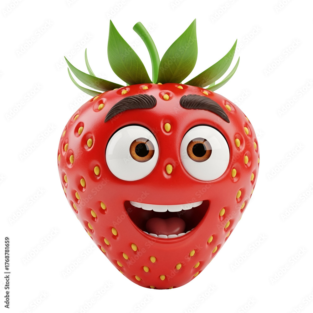 Obraz premium Cute happy strawberry fruit character, 3D illustration with a joyful smile on a clean white background.