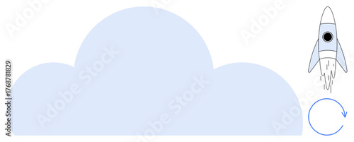 Rocket soaring above a cloud with a circular arrow symbolizing growth, renewal, and continuity. Ideal for technology, progress, innovation, startups, success, strategy and cloud computing concepts