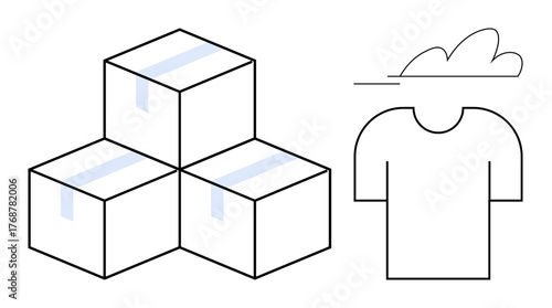 Three stacked boxes signify delivery, while a t-shirt and cloud represent online shopping, retail, or sustainability. Ideal for e-commerce, logistics, retail, sustainability, manufacturing delivery