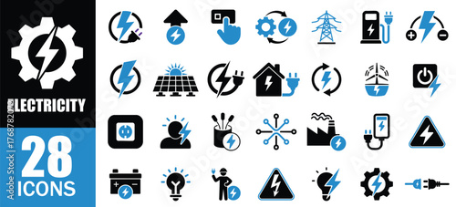 Electricity and Energy Icons Set. power, electric, voltage, current, battery, plug, socket, cable, charge, electric car, renewable and more. solid icons Vector