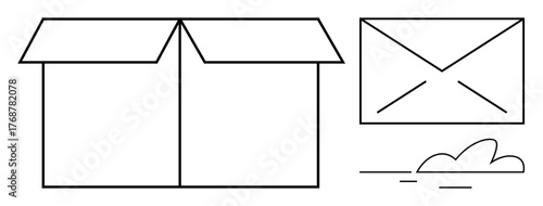 Open box with flaps, closed envelope, and motion lines highlight postal, logistics, and delivery concepts. Ideal for shipping, e-commerce, mail, storage communication packaging express solutions