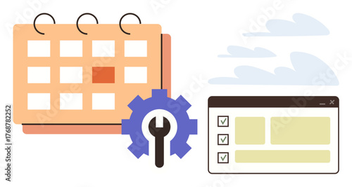 Calendar with highlighted date, checklist interface, and gear icon for settings. Ideal for scheduling, organization, productivity, planning, management digital tools teamwork. Simple flat metaphor