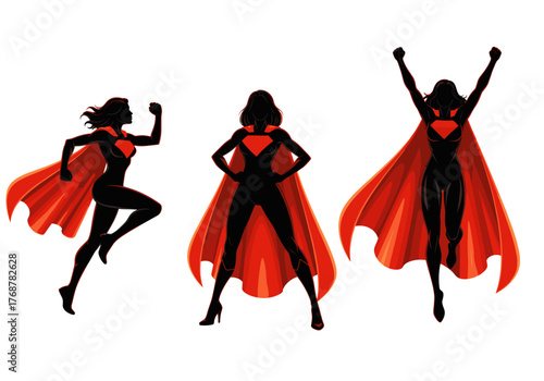 Silhouette of a female superhero in action, with a red cape, in various dynamic poses. These powerful figures represent strength, courage, and empowerment