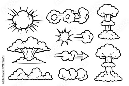 A collection of comic book style explosion illustrations. Featuring a variety of dramatic blasts and explosive effects