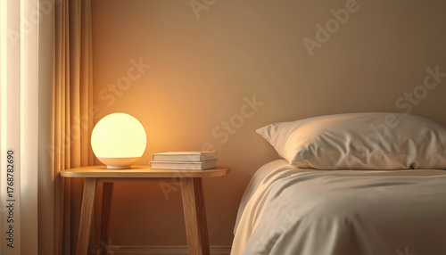 Cozy bedroom has warm glowing lamp on wooden nightstand. Books are on table next to soft bed with pillow. This room feels calm and peaceful for rest or sleep at night. Interior is simple.