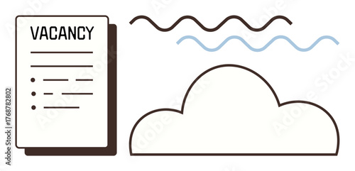 Job vacancy paper illustration accompanied by a cloud and wavy abstract lines. Ideal for recruitment, employment, job hunt, hiring process, career opportunities, networking, HR. Simple flat metaphor