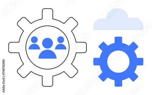 Gears with group of people icon signify teamwork and system collaboration, with a cloud icon representing connectivity and innovation. Ideal for teamwork, technology, innovation, cloud computing