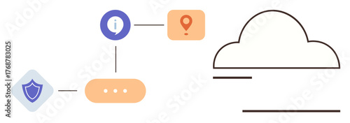 Data flow connecting security, information, location, and cloud storage. Ideal for technology, networking, security, data sharing cloud solutions IT systems and seamless connection. Simple flat