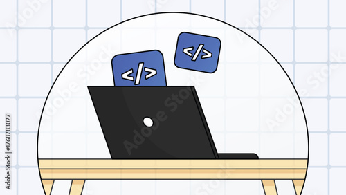 Coding banner with laptop and code icons