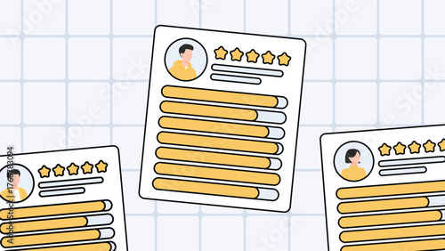 Testimonial rating cards on grid background