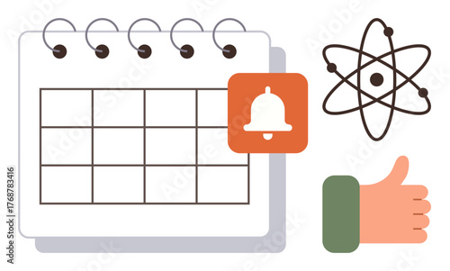 Calendar with grid layout, bell icon highlighting reminder, atom for innovation, thumbs-up for approval. Ideal for science, planning, education, organization, productivity time management