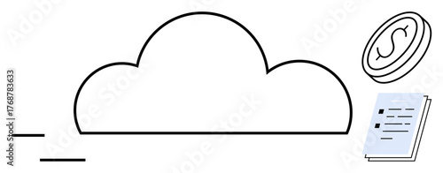 Cloud outline connecting document and coin to represent online storage, finance, and data sharing. Ideal for technology, economy, cloud storage, digital finance, innovation, software business