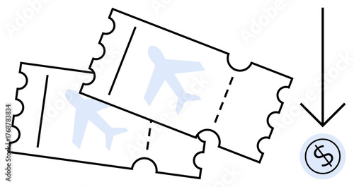 Two airplane tickets with plane icons and a dollar coin accompanied by a downward arrow. Ideal for travel expense, discounts, pricing, ticket booking, airfare deals, trip budgeting, transportation. A
