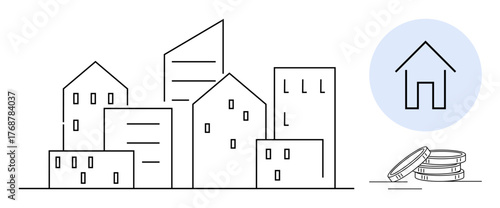 Outline of city buildings, a home icon in a circle, and stacked coins emphasizing real estate and urban development. Ideal for property investment, housing market, urban planning, financial planning