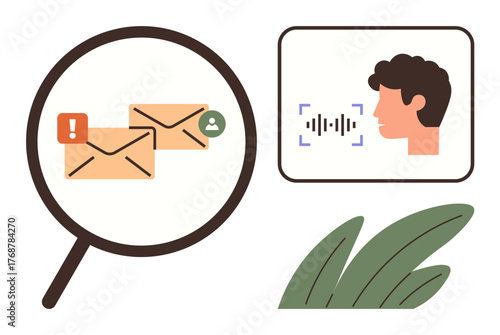 Magnifying glass over emails with alerts and a user profile icon next to a voice recognition interface. Ideal for communication, email security, notification, analysis, messaging, AI technology