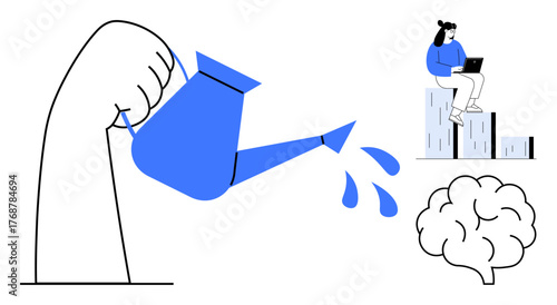 Hand pours water from watering can onto brain, symbolizing growth and learning. Woman sits on bar chart with a laptop, representing progress and education. Ideal for innovation, productivity