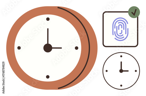 Analog clock symbol alongside fingerprint authentication icon with a checkmark. Ideal for security, technology, time management, innovation, access control, productivity, digital identity. Simple