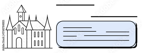 Black-and-white medieval castle design next to a blue text box with horizontal lines. Ideal for storytelling, history, education, fantasy, heritage, architecture, and content layouts. Simple flat
