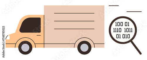 Delivery truck speeding forward with magnifying glass analyzing binary code. Ideal for logistics, data tracking, technology, efficiency, supply chain, digital transformation, simple flat metaphor