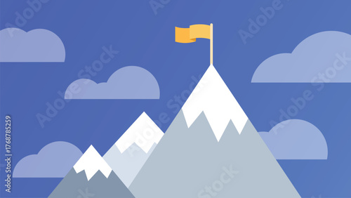 Mountain background peak with flag and clouds