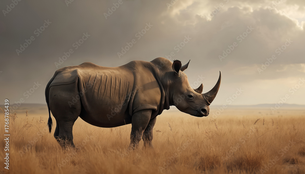 Obraz premium Powerful rhino stands in savanna under cloudy sky. Large animal in wild nature habitat. African wildlife portrait on sunny day. Rhino with big horn.
