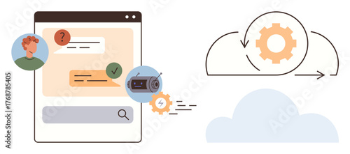 Chat window with user and AI interaction, robot icon, gears, and cloud with arrows. Ideal for digital transformation, automation, cloud services, AI, online support innovation simple flat metaphor