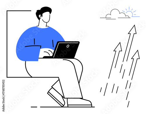 Man working on laptop, arrows pointing upward depicting growth and success, small sun in the background. Ideal for productivity, innovation, business growth, remote work, strategy, ambition simple