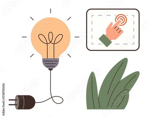Light bulb connected to plug symbolizing energy, hand tapping touchscreen for technology, and green leaves emphasizing eco-conscious innovation. Ideal for creativity, technology, energy