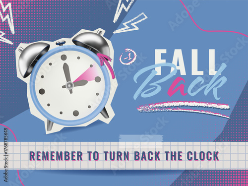 Fall Back collage with 3D alarm clock sticker on halftone bright background. Daylight saving time ends vector illustration in blue and pink colors