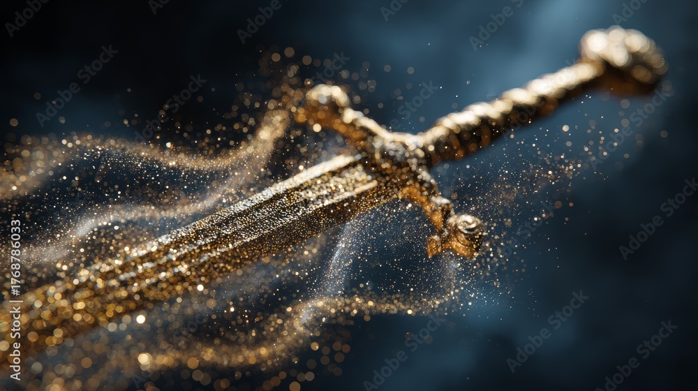 Fototapeta premium Medieval golden sword hovering with sparkling gold dust forming cosmic patterns
