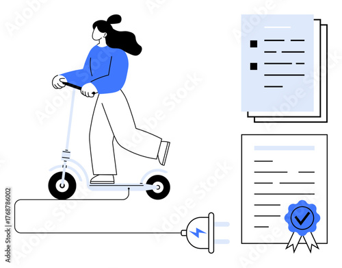 Woman on an electric scooter plugged into a power source near documents and certification symbol. Ideal for eco-transportation, sustainability, mobility, technology, education, certification