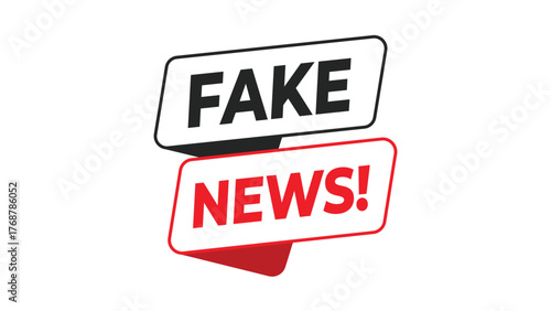 Fake news banner, red and black typography label for misinformation awareness, media literacy, or journalism alert concept with modern graphic design style
