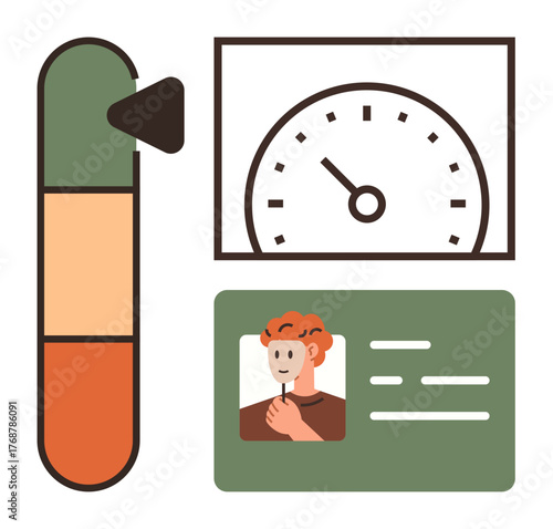 Speedometer gauge, color-coded scale, and identity card with individual portrait signify progress, skill levels, and evaluation. Ideal for assessment, metrics, monitoring, ranking identity