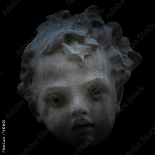 Marble Cherub Head from the Fountain of Neptune – Baroque Sculpture Detail in Dramatic Light, Rome