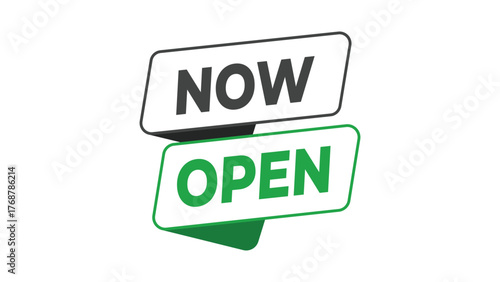 Now open banner, green and black typography label for store opening, restaurant launch, or business reopening announcement design with modern bold concept