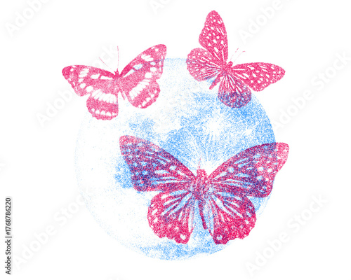 Risograph Print of Moon and Butterfly. Dreamy Vintage Illustration with Celestial Motifs