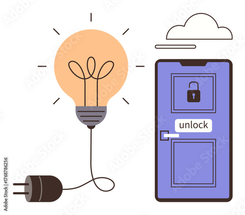 Lightbulb connected to a plug alongside a locked door labeled unlock. Represents innovation, problem-solving, new opportunities, creativity, success, enlightenment, and possibilities. A simple flat