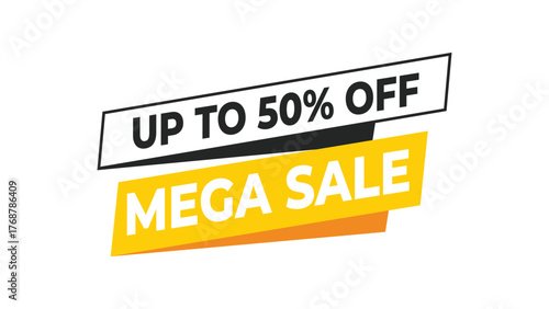 Up to 50% off mega sale banner, yellow and black typography design for retail discount, marketing promotion, or e-commerce advertisement event in modern style