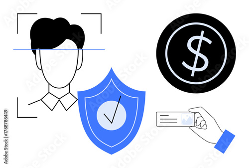 Face recognition scan beside a shield with a checkmark and a hand holding a card near a dollar sign. Ideal for cybersecurity, ID verification, financial tech, authentication, privacy, online payment