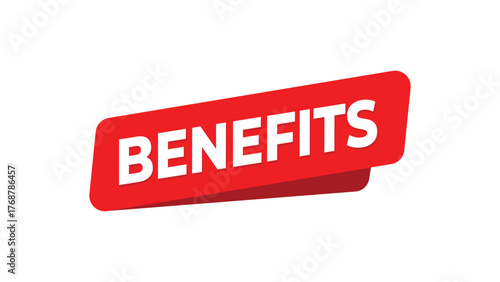 Benefits banner, red typography design for business, marketing, or employee advantage concept in modern graphic communication style
