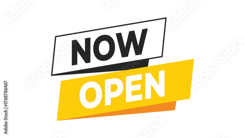 Now open banner, yellow and black typography label for store reopening, restaurant launch, or new business announcement in modern bold style