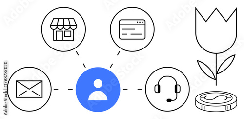 User icon connected to store, email, website, headset, flower, and coin icons. Ideal for customer service, business e-commerce communication connection user experience and networking. Simple