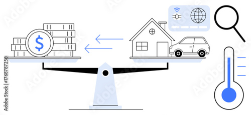 Money, house, car, scales, thermometer, magnifying glass, internet icon. Ideal for finance real estate savings technology value comparison decision-making budgeting. Simple flat metaphor