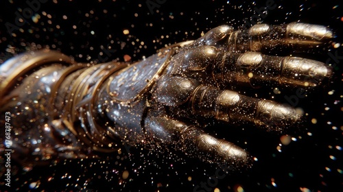 Medieval gauntlet floating with shimmering particle effects