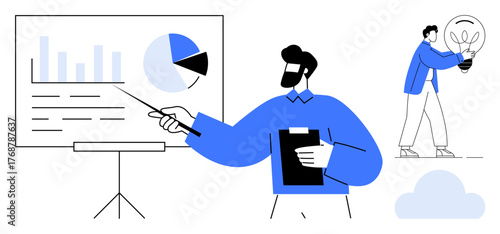 Presenter explaining data charts on a board, while another person generates creative ideas. Ideal for teamwork, business strategy, education, startups, innovation, brainstorming, and leadership